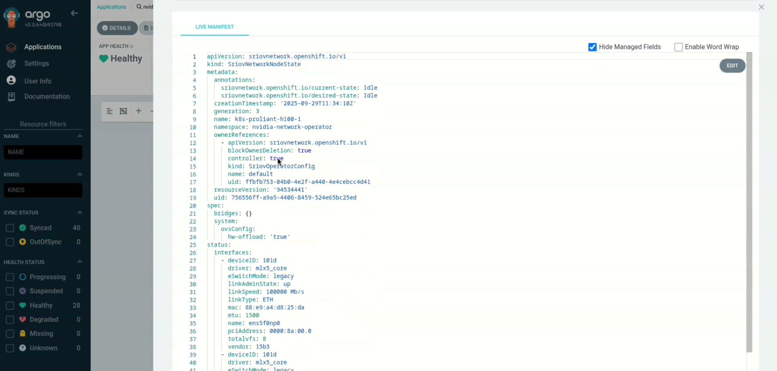ArgoCD managing the NVIDIA Network Operator SriovNetworkNodeState manifest via GitOps