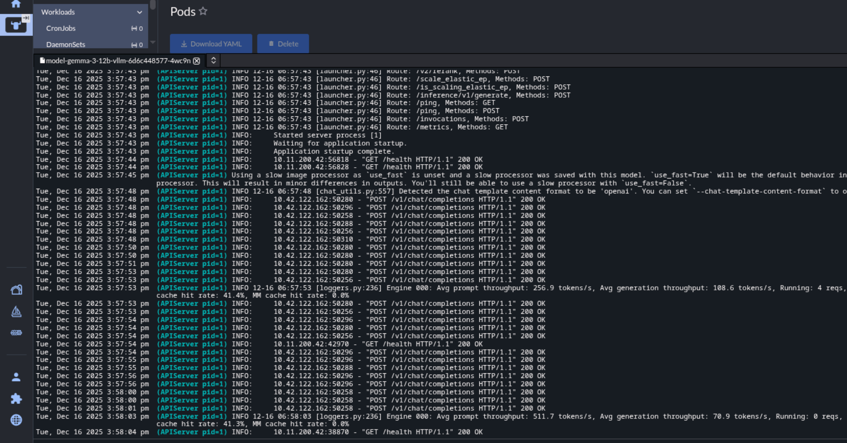 vLLM serving the self-hosted LLM on NVIDIA H100 GPUs in the Kubernetes cluster